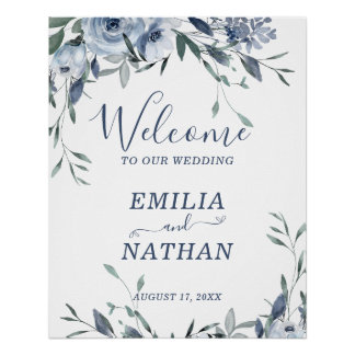 Elegant Dusty Blue Roses with Greenery Welcome Poster