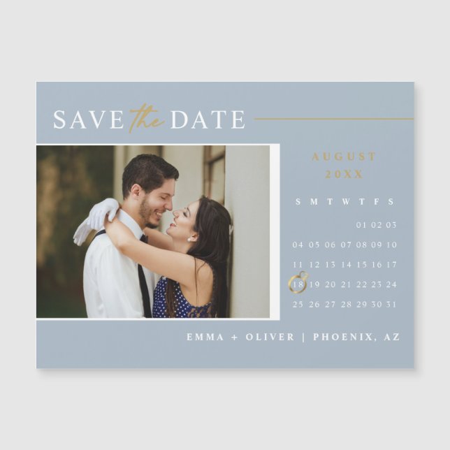 Elegant Dusty Blue Save the Date Calendar Magnet (Front)