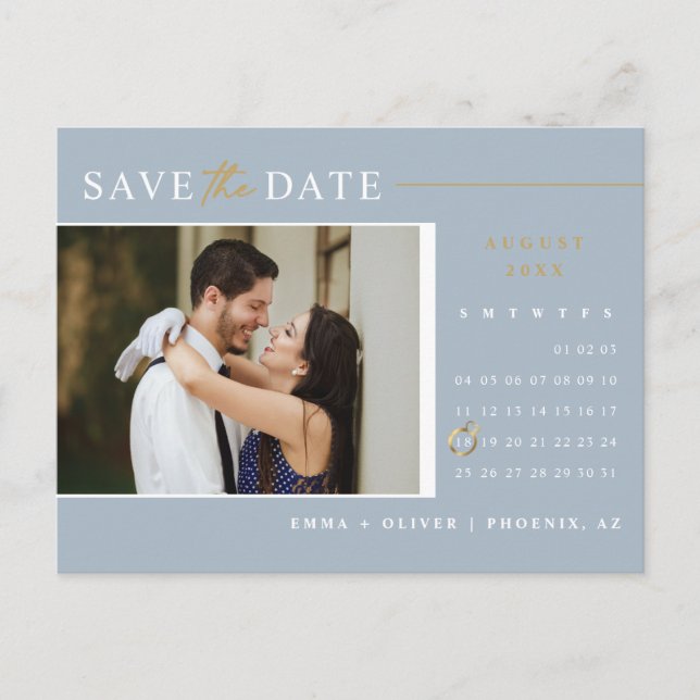 Elegant Dusty Blue Save the Date Calendar QR Code Postcard (Front)