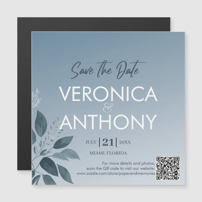 Elegant Dusty Blue Save The Date QR Code Wedding Magnetic Invitation (Front/Back)