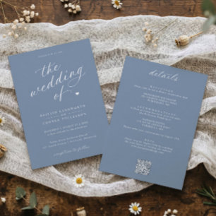 Elegant Dusty Blue Script All in One Wedding Invitation