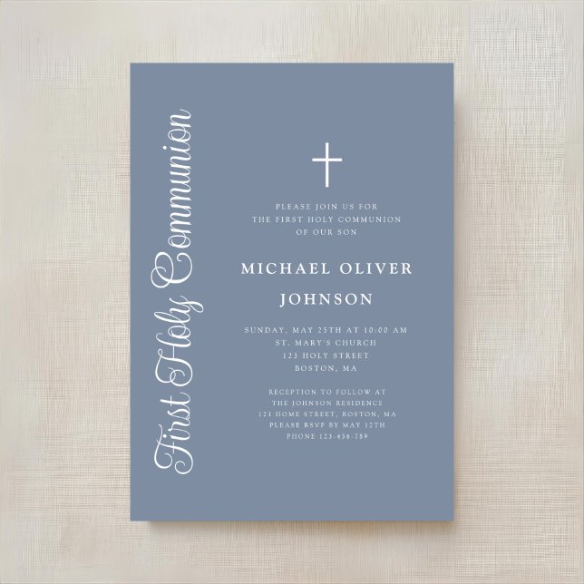Elegant Dusty Blue Script Boy First Communion Invitation (Creator Uploaded)