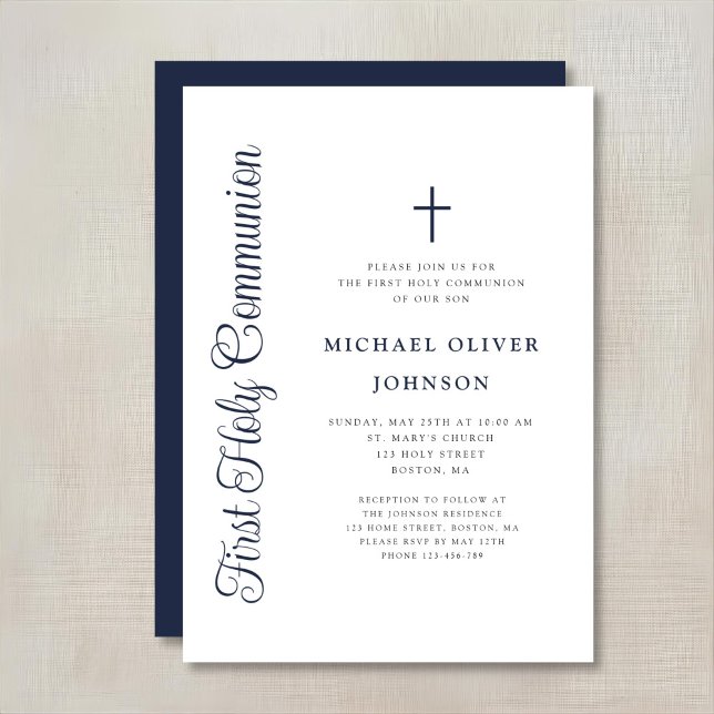 Elegant Dusty Blue Script Boy First Communion Invitation (Creator Uploaded)