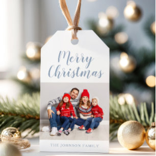 Elegant Dusty Blue Script Christmas Photo Gift Tags