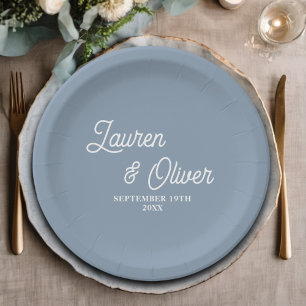 Elegant Dusty Blue Script Minimalist Wedding Paper Plate