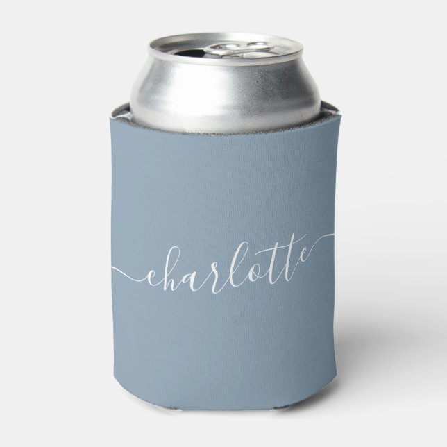 Elegant Dusty Blue Script Modern Name Personalized Can Cooler (Can Front)