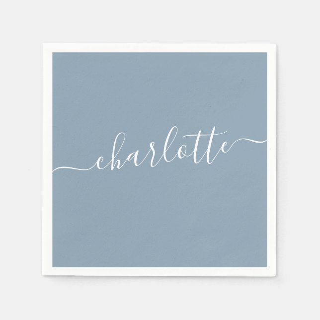 Elegant Dusty Blue Script Modern Name Personalized Napkin (Front)