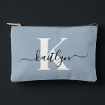 Elegant Dusty Blue Script Monogram Accessory Pouch<br><div class="desc">This simple, elegant dusty blue accessory pouch with your first name in a trendy script font in black and your first initial in a modern cap font in white is perfect for you. It's stylish and trendy and yet very classic. It will be fabulous for school, the gym, work, your...</div>