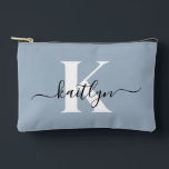 Elegant Dusty Blue Script Monogram Accessory Pouch<br><div class="desc">This simple, elegant dusty blue accessory pouch with your first name in a trendy script font in black and your first initial in a modern cap font in white is perfect for you. It's stylish and trendy and yet very classic. It will be fabulous for school, the gym, work, your...</div>