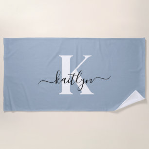 Elegant Dusty Blue Script Monogram Beach Towel