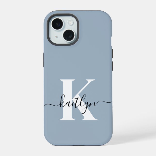 Elegant Dusty Blue Script Monogram iPhone 15 Case (Back)