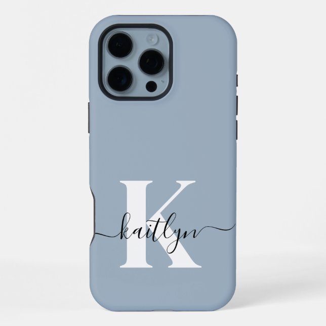 Elegant Dusty Blue Script Monogram iPhone Case (Back)