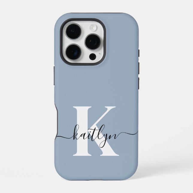 Elegant Dusty Blue Script Monogram iPhone Case (Back)
