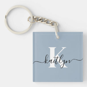 Elegant Dusty Blue Script Monogram Keychain