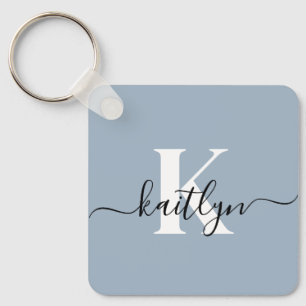 Elegant Dusty Blue Script Monogram Keychain