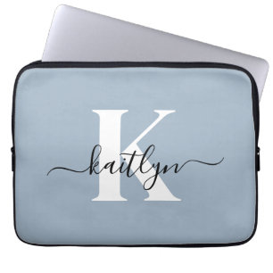 Elegant Dusty Blue Script Monogram Laptop Sleeve