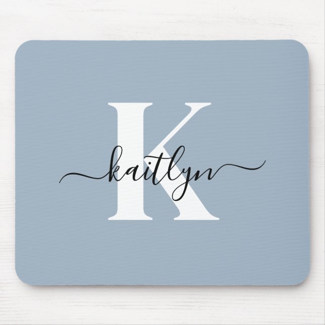 Elegant Dusty Blue Script Monogram Mouse Pad (Front)