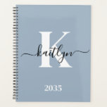 Elegant Dusty Blue Script Monogram Planner<br><div class="desc">This simple, elegant dusty blue 8.5 x 11 soft planner with your first name in a trendy script font in black and your first initial in a modern cap font in white is perfect for you. It's stylish and trendy and yet very classic. It will make keeping appointments, meetings, deadlines,...</div>