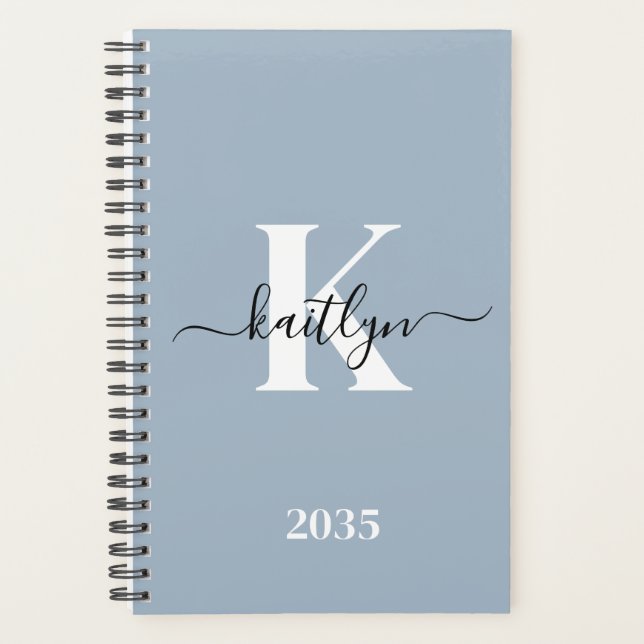 Elegant Dusty Blue Script Monogram Planner (Front)