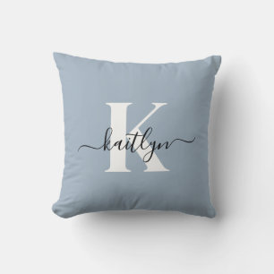 Elegant Dusty Blue Script Monogram Throw Pillow