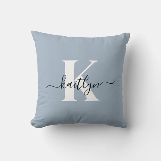 Elegant Dusty Blue Script Monogram Throw Pillow (Front)