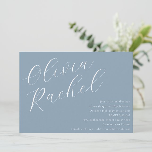 Elegant Dusty Blue Script Name Minimal Bat Mitzvah Invitation (Standing Front)