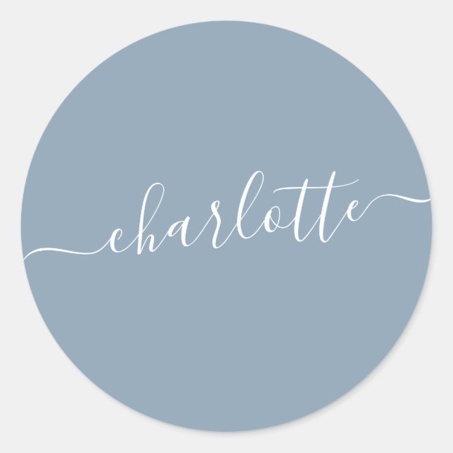 Elegant Dusty Blue Script Name Personalized  Classic Round Sticker (Front)