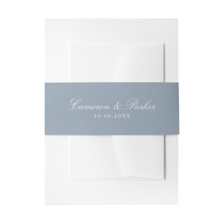 Elegant Dusty Blue Script Names Wedding Invitation Belly Band