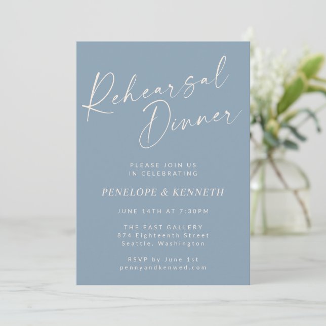 Elegant Dusty Blue Script Rehearsal Dinner Invitation (Standing Front)