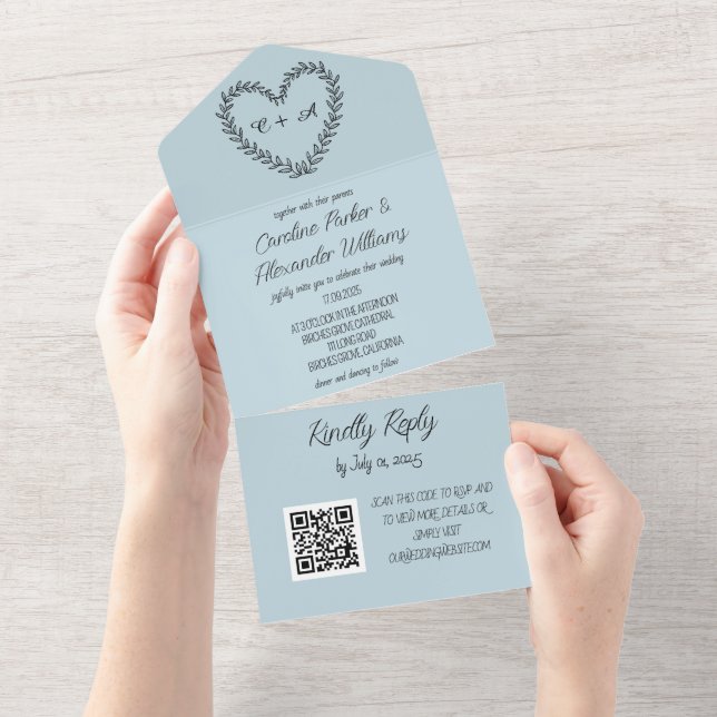 Elegant Dusty Blue Script Unique RSVP QR Code All In One Invitation (Tearaway)