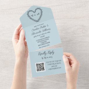 Elegant Dusty Blue Script Unique RSVP QR Code All In One Invitation