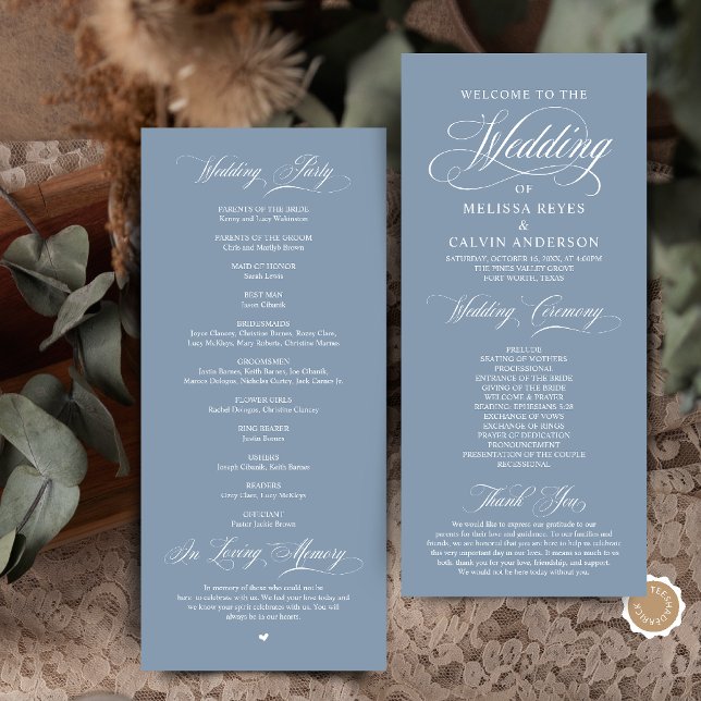 Elegant Dusty Blue Script Wedding Ceremony Program (Elegant Classic Dusty Blue Script Wedding Ceremony Program Card)