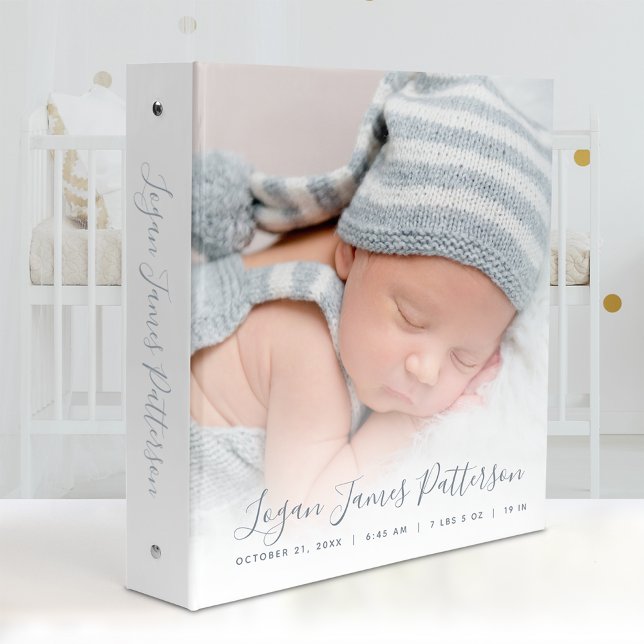Elegant Dusty Blue Script White Baby Photo Album Binder (Creator Uploaded)
