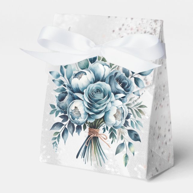 Elegant Dusty Blue Silver Bouquet Wedding Favor Box (Front Side)
