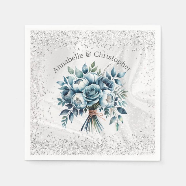 Elegant Dusty Blue Silver Bouquet Wedding Napkin (Front)