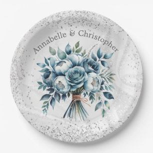 Elegant Dusty Blue Silver Bouquet Wedding Paper Plate