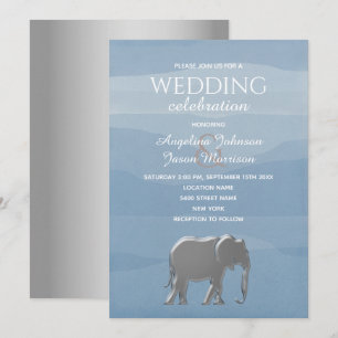 Elegant Dusty Blue Silver Elephant Wedding Invitation