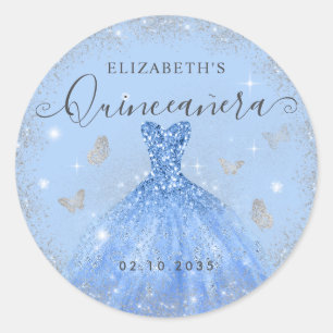 Elegant Dusty Blue Silver Glitter Gown Quinceañera Classic Round Sticker