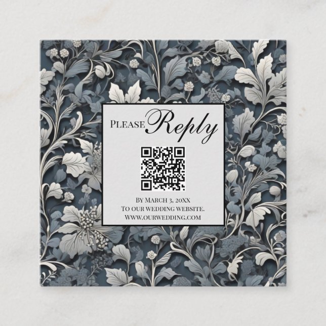 Elegant dusty blue silver  grey floral QR code Enclosure Card (Front)