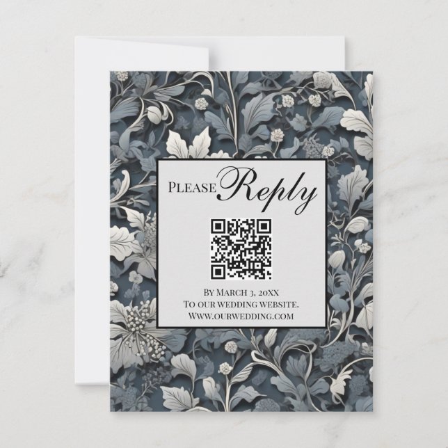 Elegant dusty blue silver  grey floral QR code RSVP Card (Front)