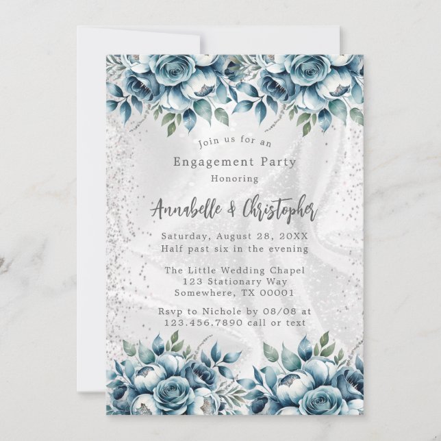 Elegant Dusty Blue Silver Rose Engagement Party Invitation (Front)