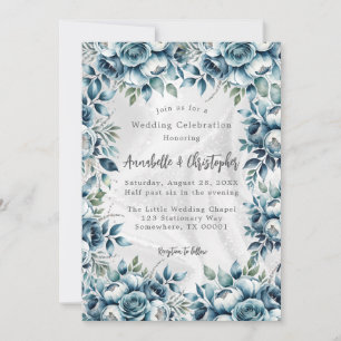 Elegant Dusty Blue Silver Rose Wedding Celebration Invitation