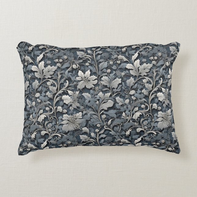 Elegant dusty blue silver white grey floral accent pillow (Front)