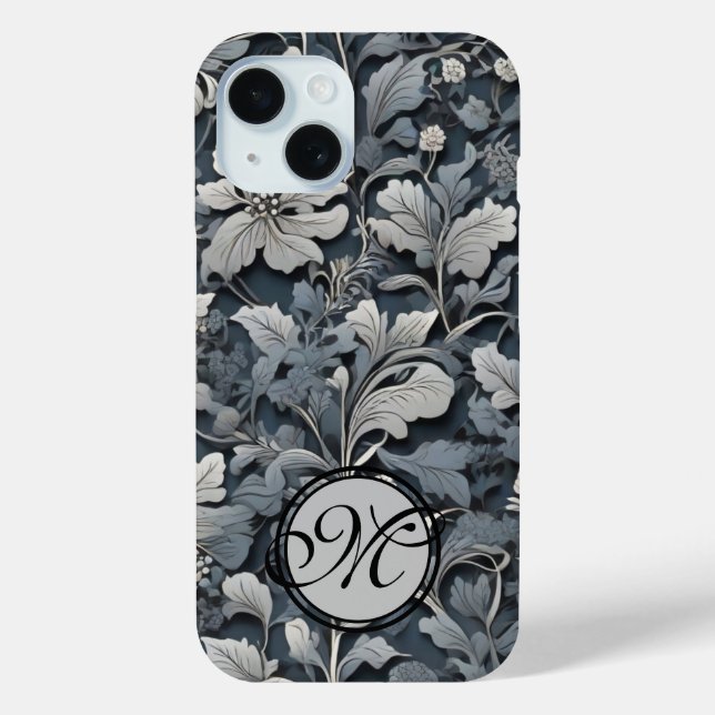 Elegant dusty blue silver white grey floral Case-Mate iPhone case (Back)