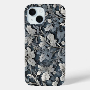 Elegant dusty blue silver white grey floral iPhone 15 case