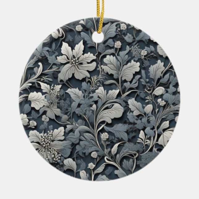 Elegant dusty blue silver white grey floral ceramic ornament (Front)