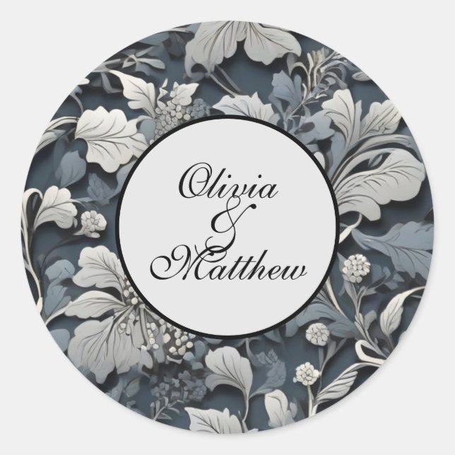 Elegant dusty blue silver white grey floral classic round sticker (Front)
