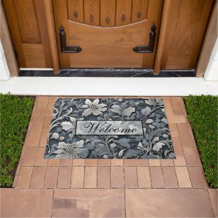 Elegant dusty blue silver white grey floral doormat