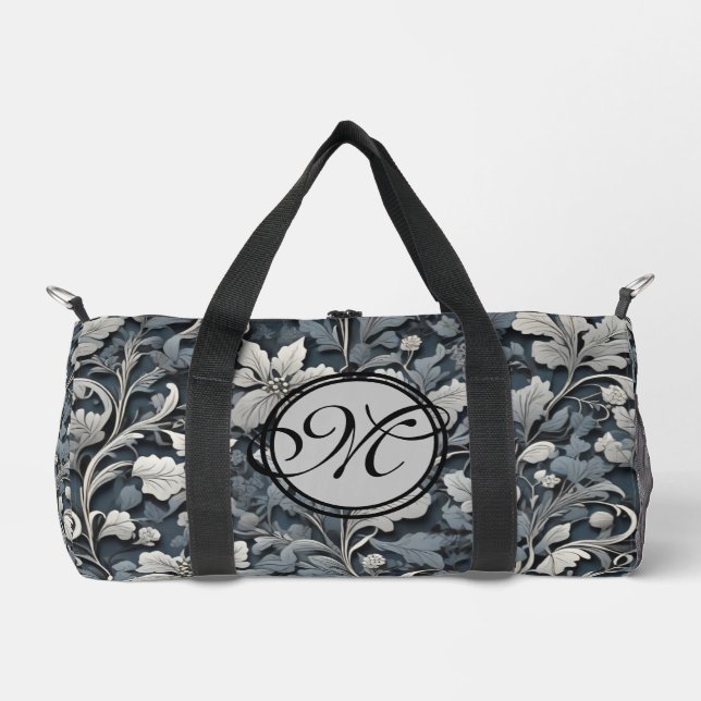 Elegant dusty blue silver white grey floral duffle bag (Front)