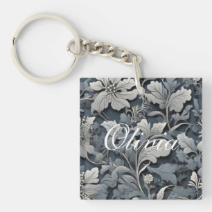 Elegant dusty blue silver white grey floral keychain